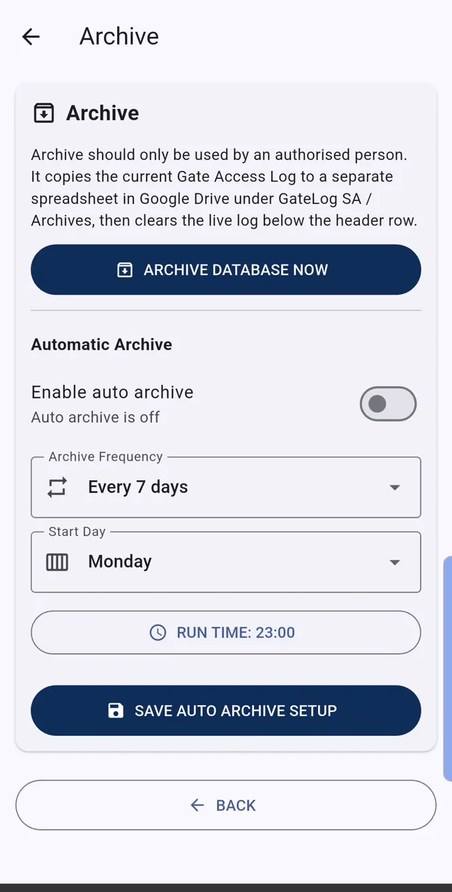 GateLog SA archive settings