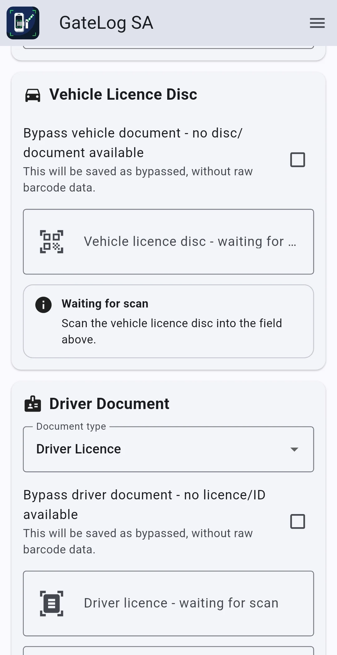 GateLog SA scan and visitor logging page